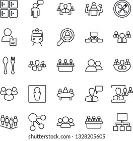 Thin Line Icon Set - spoon and fork vector, train, male, checkroom, speaking man, team, meeting, patient, group, company, hr, consumer search, social media, hierarchy