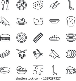Thin Line Icon Set - spoon and fork vector, cafe, salad, plates, bacon, bread, chicken, steak, kebab, hamburger, ladle, bowl, rolling pin, sushi, cheese