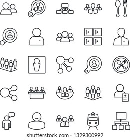Thin Line Icon Set - spoon and fork vector, train, male, checkroom, speaking man, team, patient, group, user, company, meeting, client search, consumer, social media, hierarchy