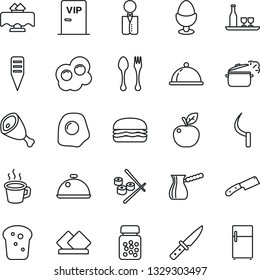 Thin Line Icon Set - spoon and fork vector, sickle, plant label, pills bottle, coffee, waiter, dish, alcohol, restaurant table, egg stand, bread, vip zone, ham, hamburger, knife, steaming pan, sushi