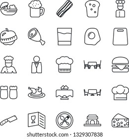 Thin Line Icon Set - spoon and fork vector, diet, waiter, cook, restaurant table, hat, wine card, drink, beer, salad, bacon, salt pepper, bread, cafe building, chicken, ham, hamburger, cutting board