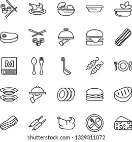 Thin Line Icon Set - spoon and fork vector, cafe, menu, salad, plates, bacon, waiter, chicken, steak, kebab, hamburger, ladle, bowl, sushi, cheese