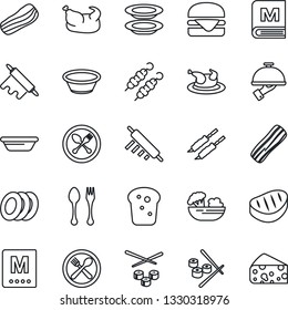 Thin Line Icon Set - spoon and fork vector, cafe, menu, salad, plates, bacon, waiter, bread, chicken, steak, kebab, hamburger, bowl, rolling pin, sushi, cheese