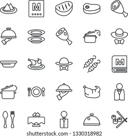 Thin Line Icon Set - spoon and fork vector, waiter, dish, restaurant table, serviette, cafe, menu, plates, dress code, chicken, steak, kebab, ham, bowl, steaming pan, sushi