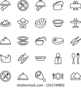 Thin Line Icon Set - spoon and fork vector, waiter, dish, restaurant table, serviette, cafe, plates, dress code, chicken, steak, kebab, ham, bowl, steaming pan