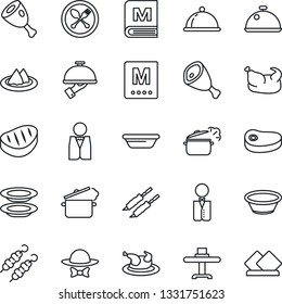 Thin Line Icon Set - spoon and fork vector, waiter, dish, restaurant table, serviette, menu, plates, dress code, chicken, steak, kebab, ham, bowl, steaming pan