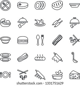 Thin Line Icon Set - spoon and fork vector, cafe, salad, plates, bacon, waiter, bread, chicken, steak, kebab, hamburger, ladle, bowl, rolling pin, sushi, cheese
