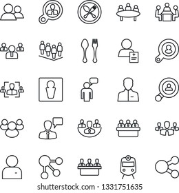 Thin Line Icon Set - spoon and fork vector, train, male, speaking man, team, meeting, patient, group, user, company, hr, client search, consumer, social media