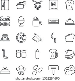 Thin Line Icon Set - spoon and fork vector, sickle, plant label, seeds, diet, fridge, dish, menu, reserved, reception, coffee, beer, egg stand, salt pepper, bread, cafe building, candle, dress code