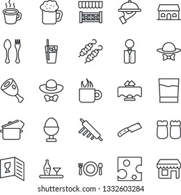 Thin Line Icon Set - spoon and fork vector, coffee, waiter, alcohol, restaurant table, cafe, wine card, drink, phyto bar, beer, egg stand, salt pepper, building, dress code, alcove, kebab, ham