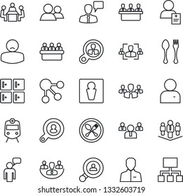 Thin Line Icon Set - spoon and fork vector, train, male, checkroom, speaking man, team, meeting, patient, group, user, company, hr, client search, consumer, social media, hierarchy
