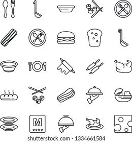Thin Line Icon Set - spoon and fork vector, cafe, menu, salad, plates, bacon, waiter, bread, chicken, kebab, hamburger, ladle, bowl, rolling pin, sushi, cheese