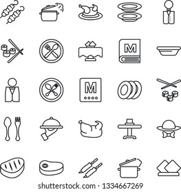 Thin Line Icon Set - spoon and fork vector, waiter, restaurant table, cafe, menu, plates, dress code, chicken, steak, kebab, bowl, steaming pan, sushi, serviette