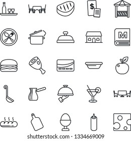 Thin Line Icon Set - spoon and fork vector, alcohol, menu, reception, cocktail, waiter, egg stand, bread, cafe building, candle, table, alcove, credit card, restaurant receipt, steak, ham, hamburger