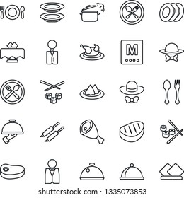 Thin Line Icon Set - spoon and fork vector, waiter, dish, restaurant table, serviette, cafe, menu, plates, dress code, chicken, steak, kebab, ham, steaming pan, sushi