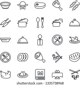 Thin Line Icon Set - spoon and fork vector, waiter, dish, restaurant table, serviette, cafe, menu, plates, dress code, chicken, steak, kebab, ham, bowl, steaming pan, sushi