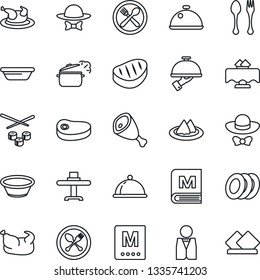 Thin Line Icon Set - spoon and fork vector, waiter, dish, restaurant table, serviette, cafe, menu, plates, dress code, chicken, steak, ham, bowl, steaming pan, sushi
