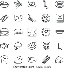 Thin Line Icon Set - spoon and fork vector, cafe, menu, salad, plates, bacon, waiter, bread, chicken, steak, kebab, hamburger, ladle, bowl, rolling pin, sushi, cheese