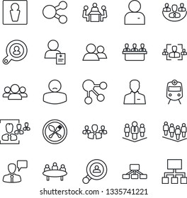 Thin Line Icon Set - spoon and fork vector, train, male, speaking man, team, meeting, patient, group, user, company, hr, client search, social media, hierarchy