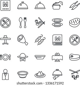 Thin Line Icon Set - spoon and fork vector, waiter, dish, restaurant table, serviette, cafe, menu, plates, dress code, steak, kebab, ham, bowl, steaming pan, sushi