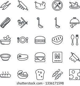 Thin Line Icon Set - spoon and fork vector, cafe, menu, salad, bacon, waiter, bread, chicken, steak, kebab, hamburger, ladle, bowl, rolling pin, sushi, cheese