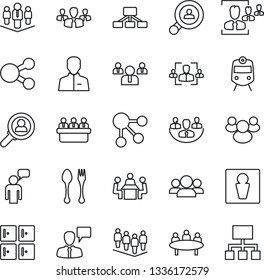 Thin Line Icon Set - spoon and fork vector, train, male, checkroom, speaking man, team, meeting, group, user, company, hr, client search, consumer, social media, hierarchy