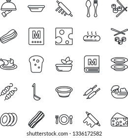 Thin Line Icon Set - spoon and fork vector, cafe, menu, salad, plates, bacon, waiter, bread, chicken, kebab, ladle, bowl, rolling pin, sushi, cheese