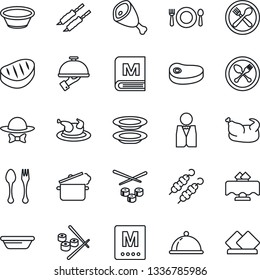 Thin Line Icon Set - spoon and fork vector, waiter, dish, restaurant table, cafe, menu, plates, dress code, chicken, steak, kebab, ham, bowl, steaming pan, sushi, serviette