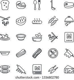 Thin Line Icon Set - spoon and fork vector, cafe, menu, salad, plates, bacon, waiter, bread, chicken, steak, kebab, ladle, bowl, rolling pin, sushi, cheese