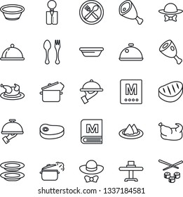 Thin Line Icon Set - spoon and fork vector, waiter, dish, restaurant table, serviette, cafe, menu, plates, dress code, chicken, steak, ham, bowl, steaming pan, sushi
