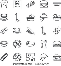 Thin Line Icon Set - spoon and fork vector, cafe, menu, salad, plates, bacon, waiter, bread, chicken, steak, kebab, hamburger, ladle, bowl, rolling pin, cheese