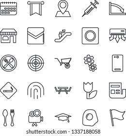 Thin Line Icon Set - spoon and fork vector, escalator, smoking place, shop, graduate, wheelbarrow, picnic table, syringe, pin, term, tulip, video camera, phone back, mail, record, fingerprint id