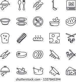 Thin Line Icon Set - spoon and fork vector, cafe, menu, salad, plates, bacon, waiter, bread, chicken, steak, kebab, ladle, bowl, rolling pin, sushi, cheese
