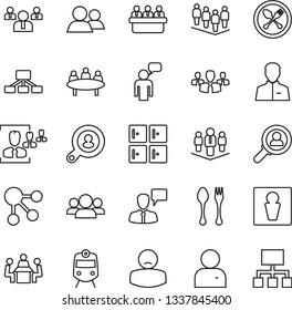 Thin Line Icon Set - spoon and fork vector, train, male, checkroom, speaking man, team, meeting, patient, group, user, hr, company, client search, consumer, social media, hierarchy