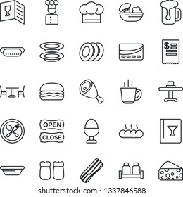 Thin Line Icon Set - spoon and fork vector, cafe, cook, restaurant table, hat, wine card, coffee, beer, salad, plates, bacon, egg stand, salt pepper, bread, open close, credit, receipt, ham, hot dog