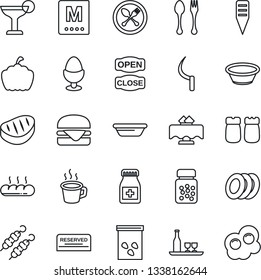 Thin Line Icon Set - spoon and fork vector, sickle, plant label, pumpkin, seeds, pills bottle, coffee, alcohol, restaurant table, menu, reserved, cocktail, plates, egg stand, salt pepper, bread