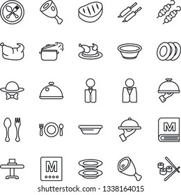 Thin Line Icon Set - spoon and fork vector, waiter, dish, restaurant table, cafe, menu, plates, dress code, chicken, steak, kebab, ham, bowl, steaming pan, sushi