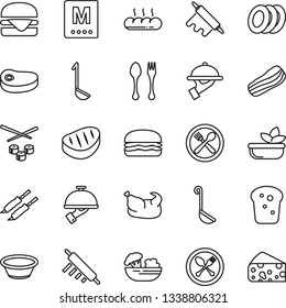 Thin Line Icon Set - spoon and fork vector, cafe, menu, salad, plates, bacon, waiter, bread, chicken, steak, kebab, hamburger, ladle, bowl, rolling pin, sushi, cheese