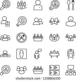Thin Line Icon Set - spoon and fork vector, train, male, checkroom, speaking man, team, meeting, patient, group, user, company, hr, client search, consumer, hierarchy