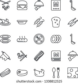 Thin Line Icon Set - spoon and fork vector, cafe, menu, plates, bacon, waiter, bread, chicken, steak, kebab, hamburger, ladle, bowl, rolling pin, sushi, cheese
