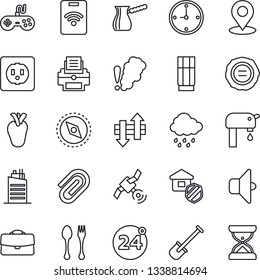 Thin Line Icon Set - spoon and fork vector, 24 around, stamp, shovel, rain, real heart, satellite, gamepad, data exchange, place tag, compass, case, clock, paper clip, printer, water supply, drink