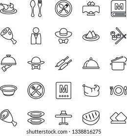 Thin Line Icon Set - spoon and fork vector, waiter, dish, restaurant table, serviette, cafe, menu, plates, dress code, chicken, steak, kebab, ham, bowl, steaming pan, sushi