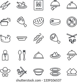 Thin Line Icon Set - spoon and fork vector, waiter, dish, serviette, cafe, menu, plates, dress code, chicken, steak, kebab, ham, bowl, steaming pan, sushi