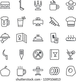 Thin Line Icon Set - spoon and fork vector, sickle, plant label, pumpkin, coffee, restaurant table, cook hat, wine card, reception, cocktail, phyto bar, beer, plates, waiter, bread, cafe building