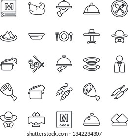 Thin Line Icon Set - spoon and fork vector, waiter, dish, restaurant table, serviette, cafe, menu, plates, dress code, chicken, kebab, ham, bowl, steaming pan, sushi