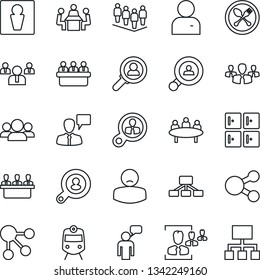 Thin Line Icon Set - spoon and fork vector, train, male, checkroom, speaking man, team, meeting, patient, user, hr, client search, consumer, group, social media, hierarchy