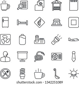 Thin Line Icon Set - spoon and fork vector, plane, document search, notepad, tie, coffee, hose, hospital bed, stop button, torch, battery, presentation board, office phone, support, estate, alcove