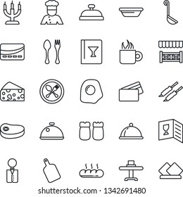 Thin Line Icon Set - spoon and fork vector, waiter, cook, dish, restaurant table, wine card, reception, coffee, salt pepper, bread, candle, alcove, credit, steak, kebab, ladle, bowl, cutting board