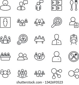 Thin Line Icon Set - spoon and fork vector, train, male, checkroom, speaking man, team, meeting, patient, group, user, company, hr, consumer search, social media