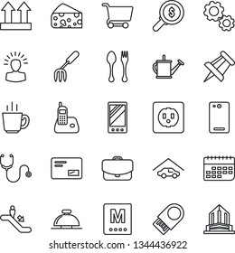 Thin Line Icon Set - spoon and fork vector, escalator, reception bell, drawing pin, garden, watering can, stethoscope, term, up side sign, radio phone, mail, mobile, back, garage, menu, coffee, gear